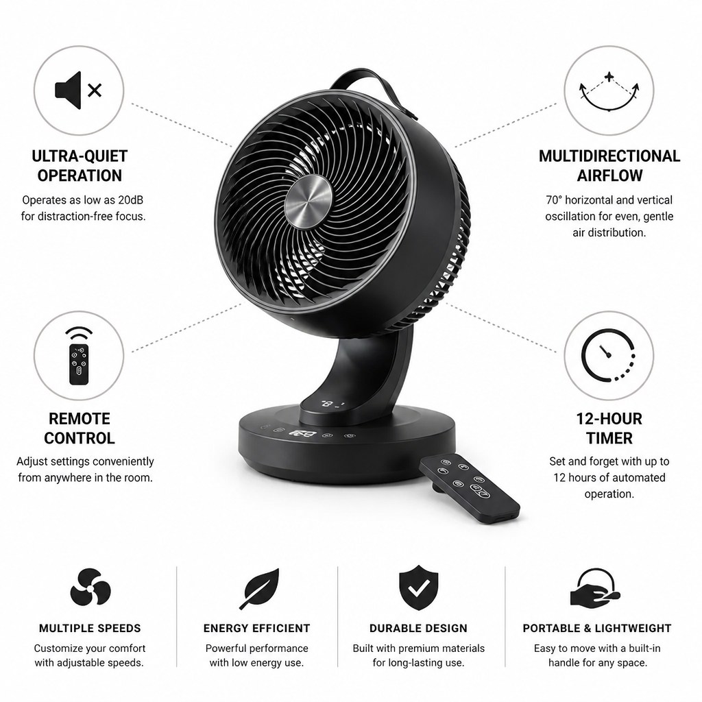 Ultra-Quiet Oscillating Desk Fan (Remote & 12-Hour Timer) | ribuella