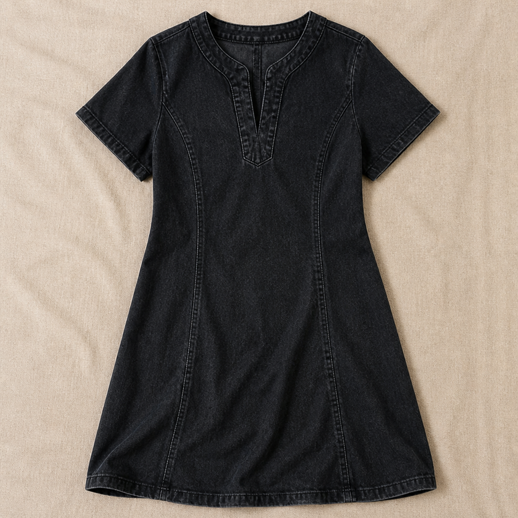 VarelaChic – Relaxed V-Neck Denim Shift Dress with Pockets | ribuella