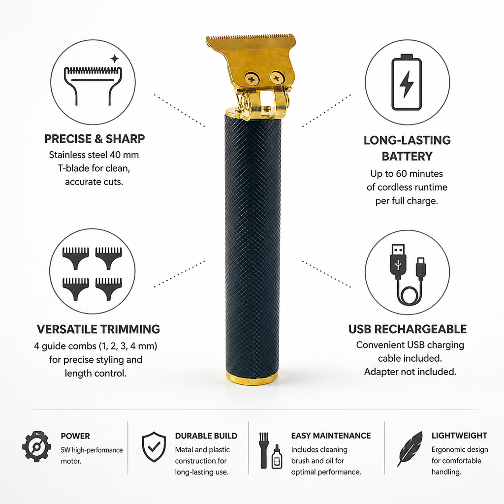 USB-Rechargeable Stainless Steel Hair & Beard Trimmer (60-Minute Runtime) | ribuella