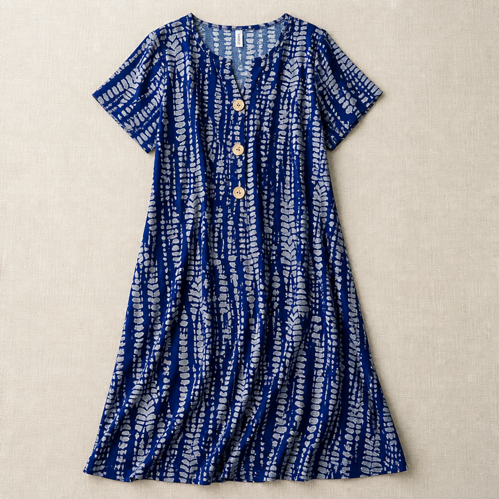 VelaMuse – Relaxed Button-Front Abstract Print Swing Dress with Pockets | ribuella