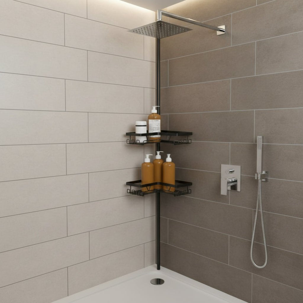 Corner shower caddy in a grey tiled shower