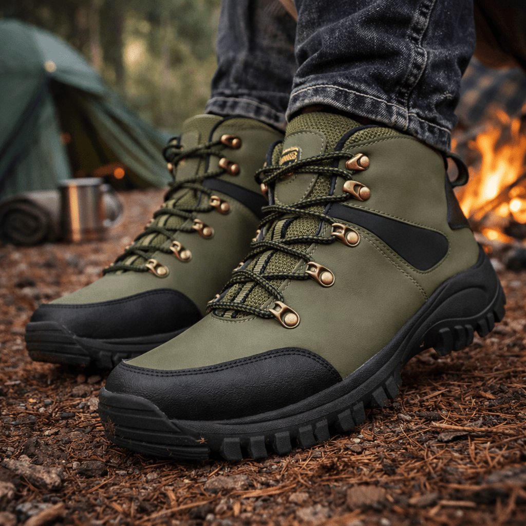 Hiking boots at a forest campsite