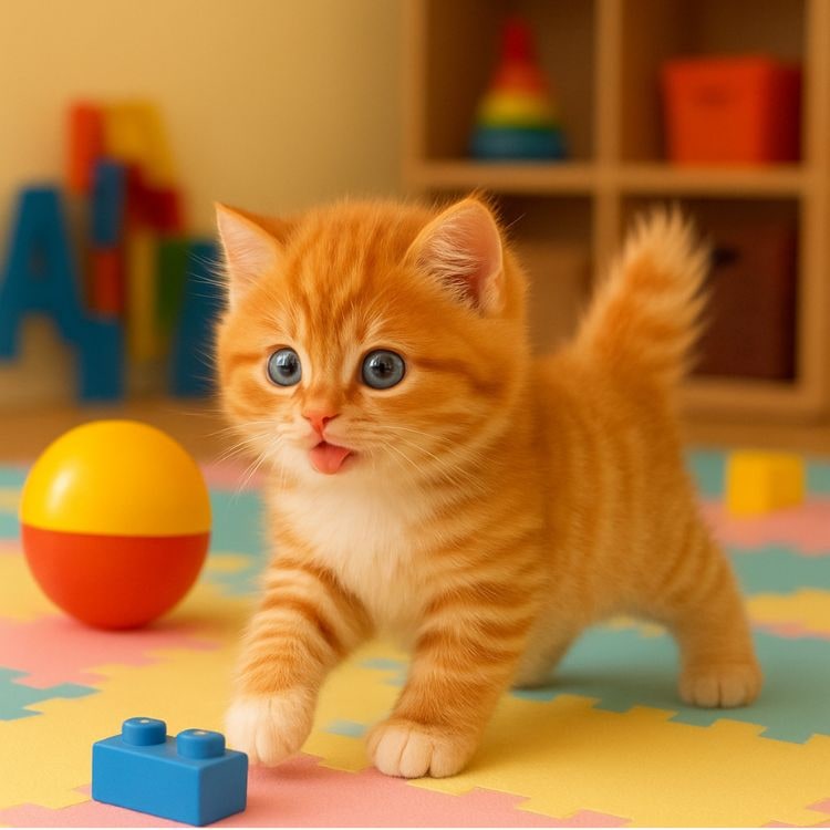 Ginger kitten playing with toys in a playroom