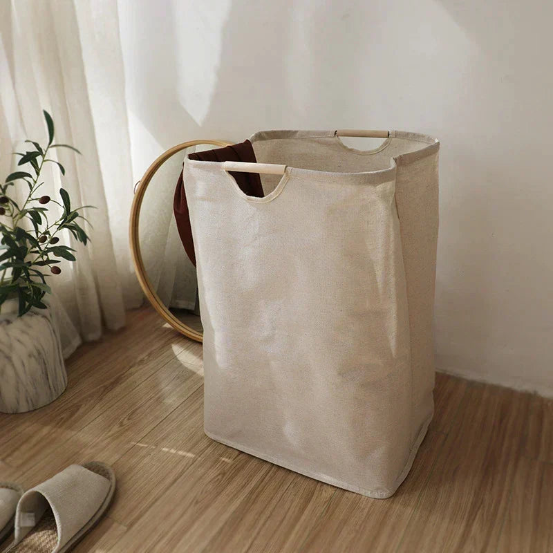Linen laundry basket in a bright room