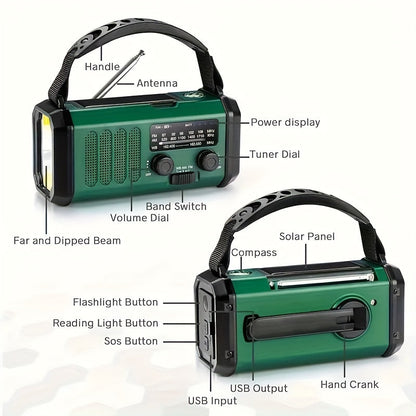 Survival Radio with 10,000 mAh Battery - Solar, Hand Crank & USB-C Charging - LED Torch, SOS Alert & Navigation | ribuella