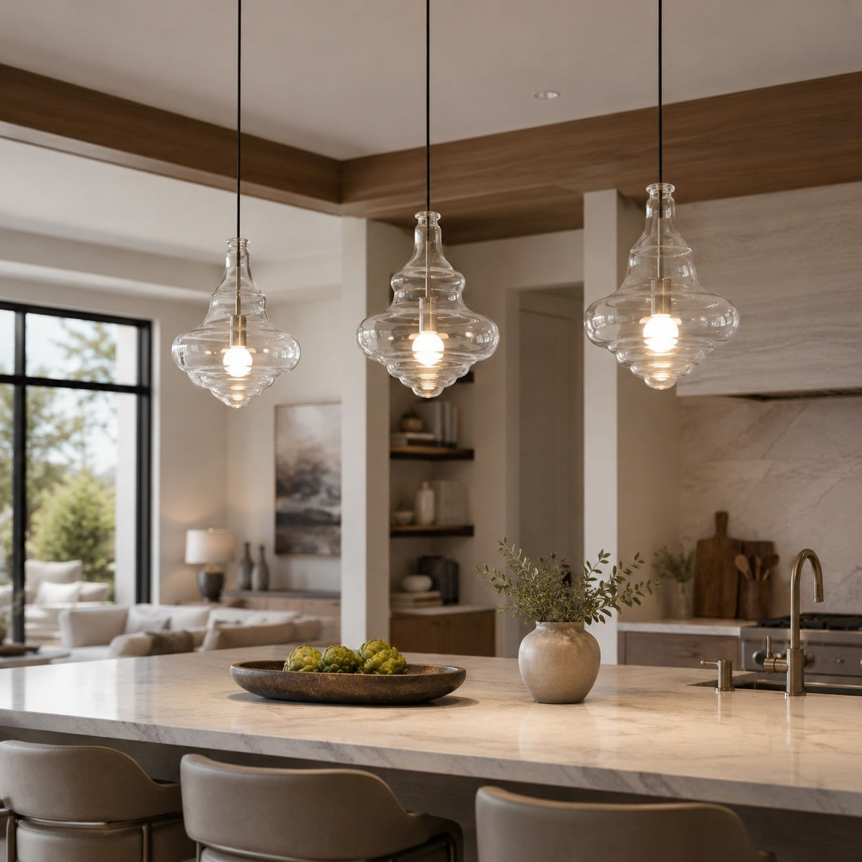 Suspension moderne en verre avec structure LED suspendue réglable pour l’éclairage de la cuisine | ribuella