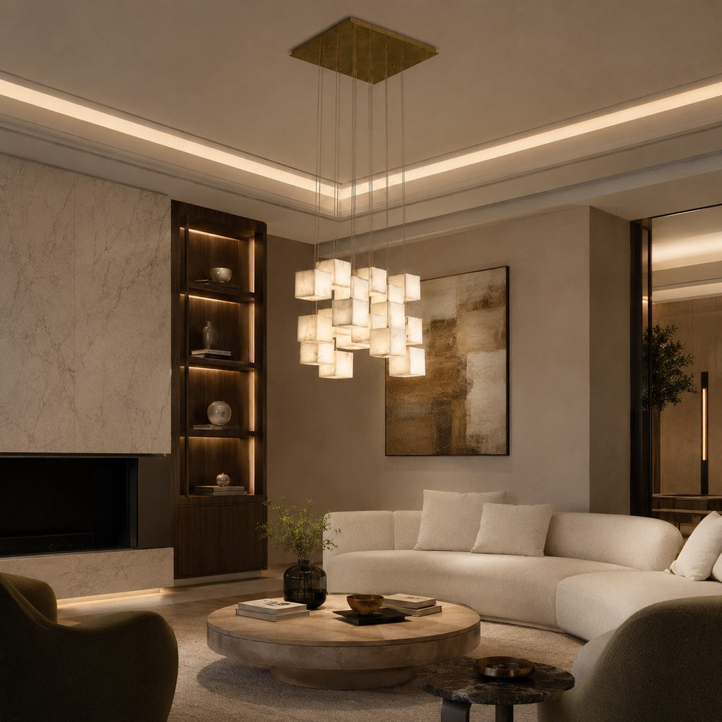 Modern Alabaster Box Pendant Light Hanging Fixture with LED Compatibility and Adjustable Height | ribuella