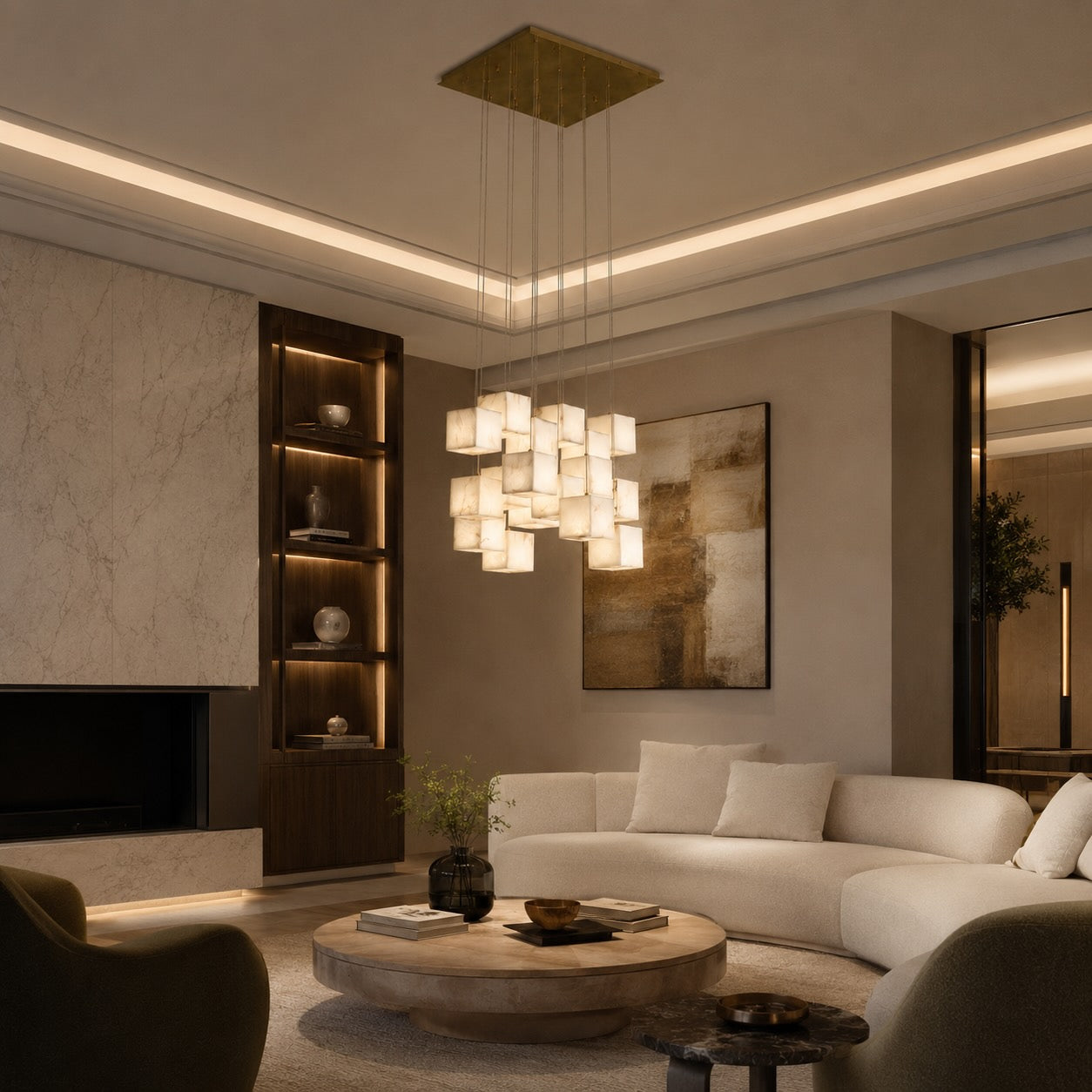 Modern Alabaster Box Pendant Light Hanging Fixture with LED Compatibility and Adjustable Height | ribuella