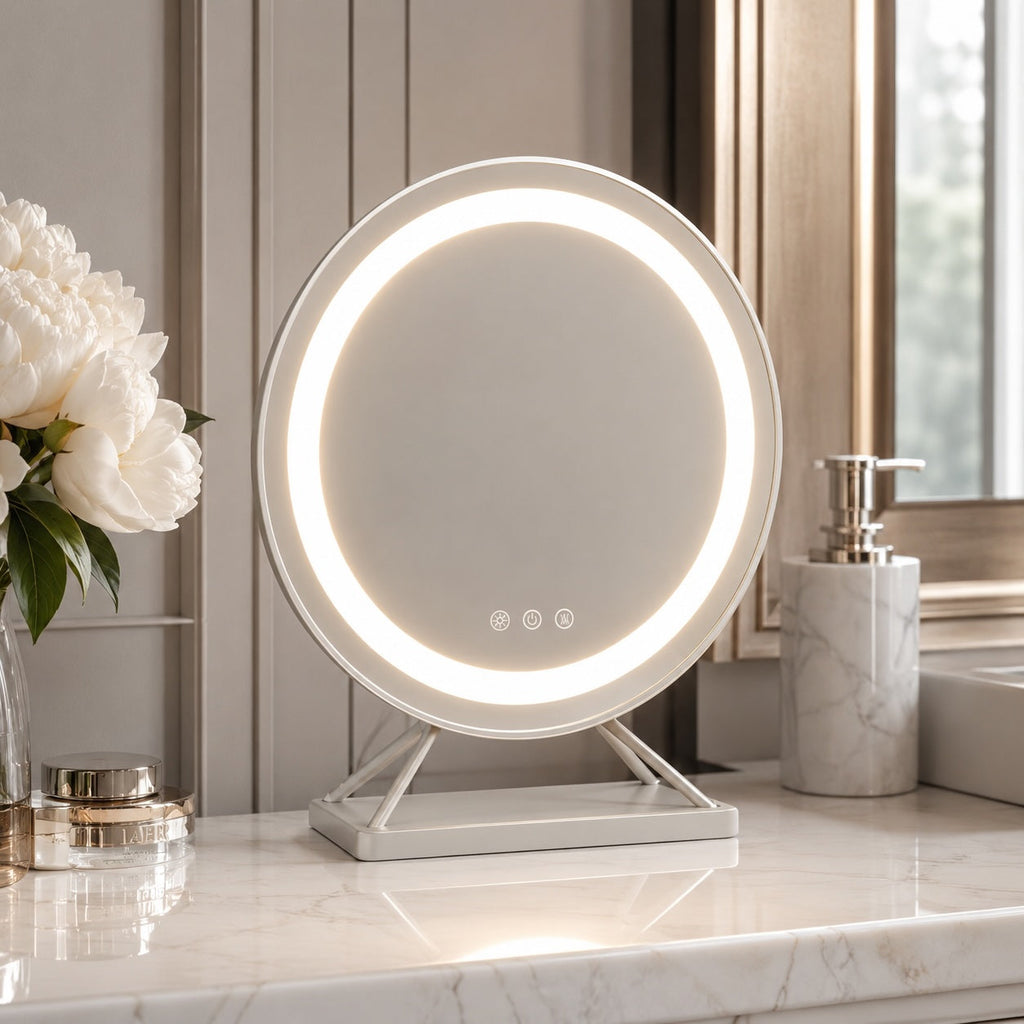 Dimmable Round Makeup Mirror with 15x Magnification and LED Lights for Vanity Desktop Use | ribuella