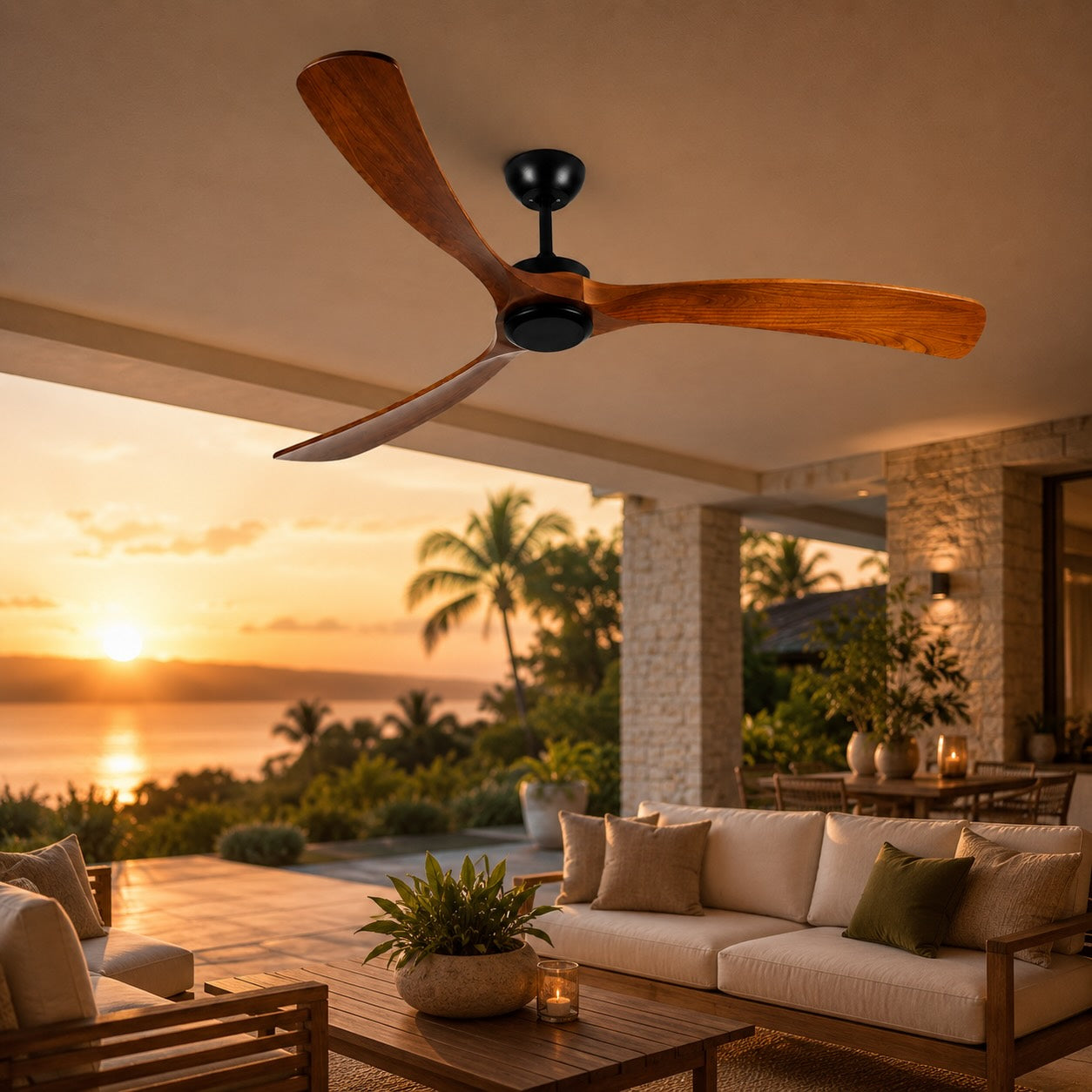 Modern Outdoor Ceiling Fan with Walnut Wood Blades IP65 Waterproof Rating and 6-Speed Motor | ribuella