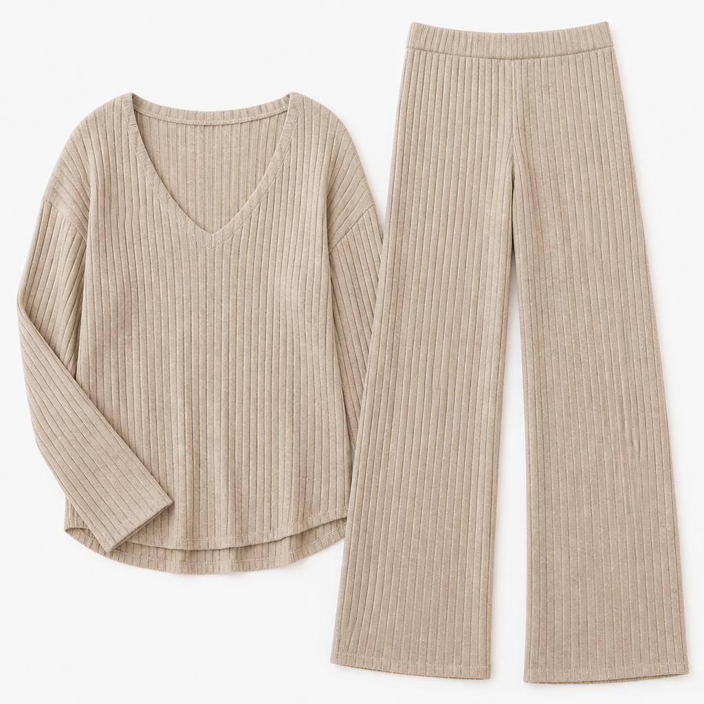 Serelis – Soft Ribbed V-Neck Lounge Set Featuring Wide-Leg Pants | ribuella