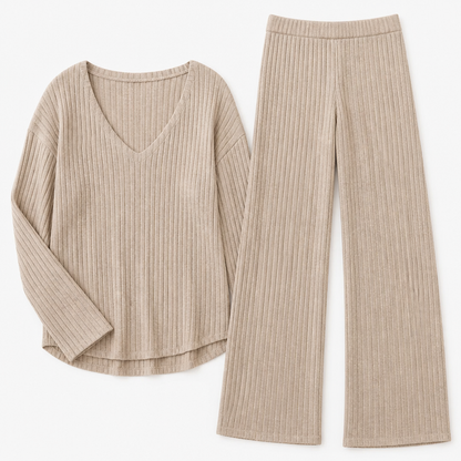 Serelis – Soft Ribbed V-Neck Lounge Set Featuring Wide-Leg Pants | ribuella