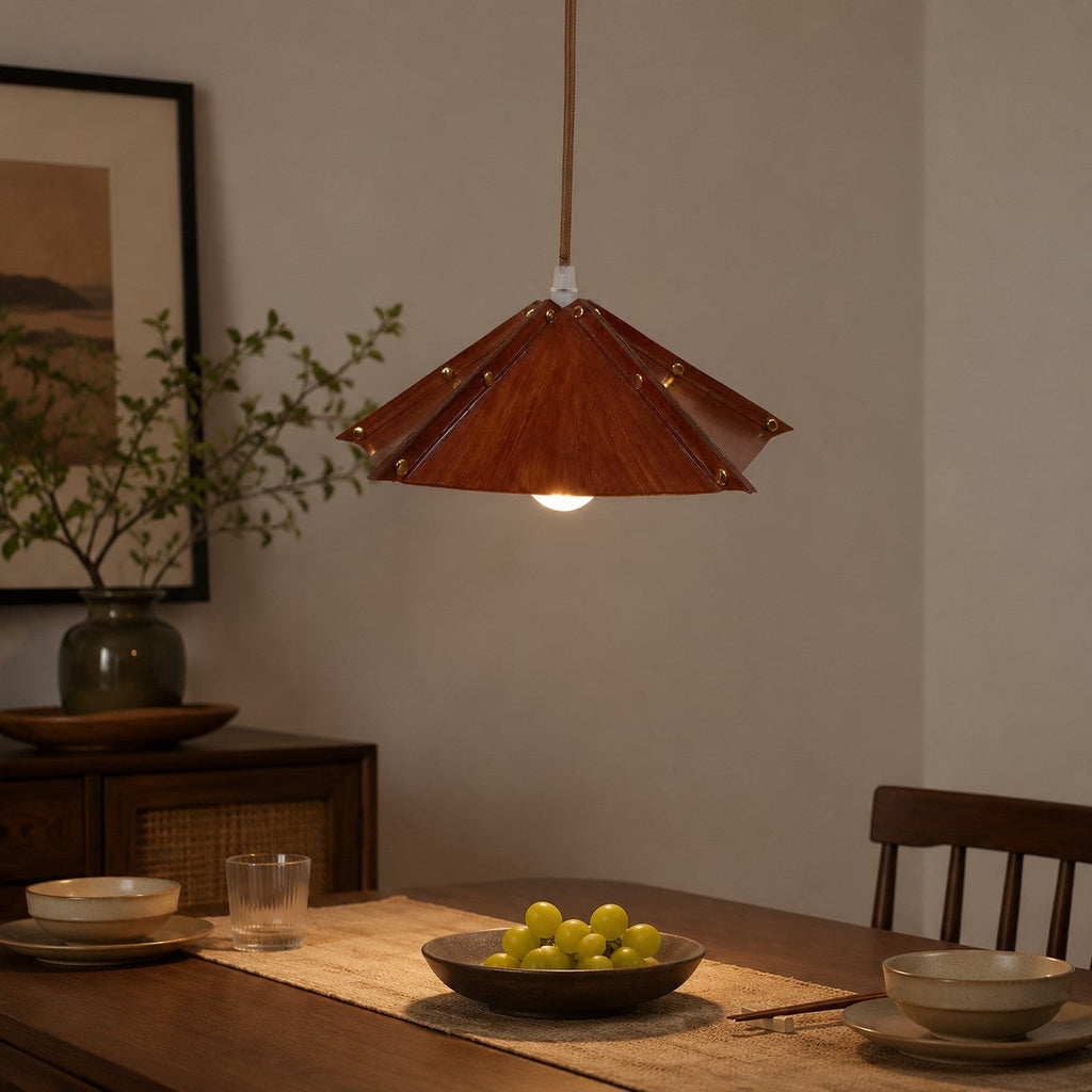 Compact Folded Leather Pendant Lamp, Warm Vintage Glow, Raised Seam Details