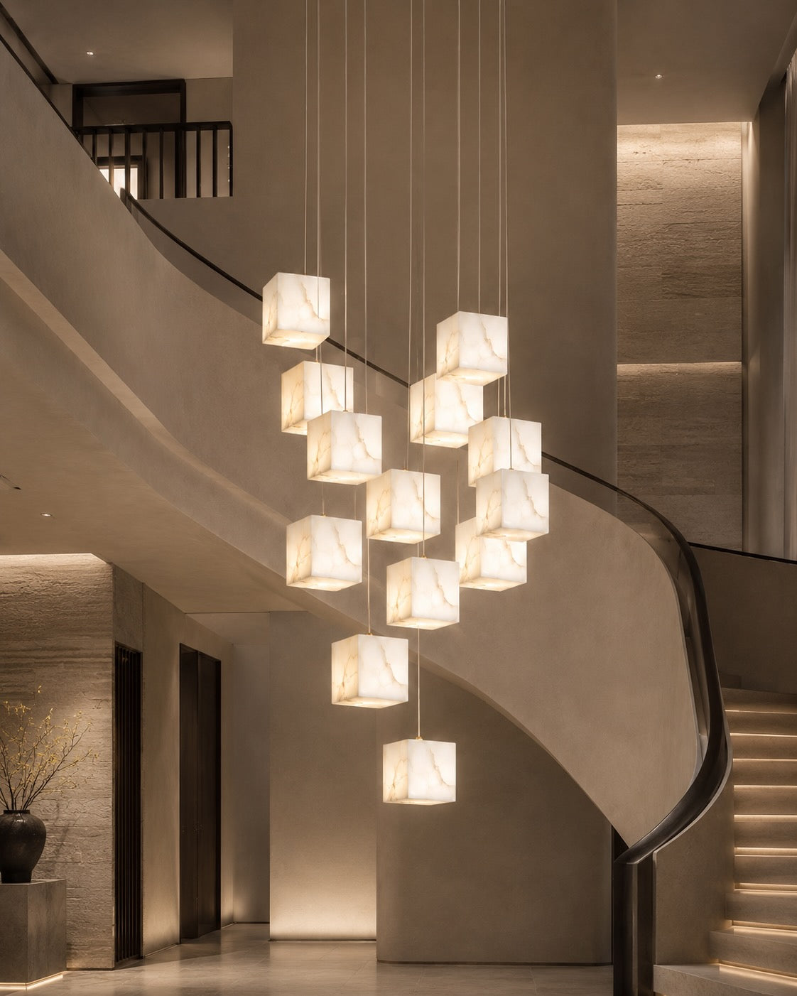 Modern Alabaster Box Pendant Light Hanging Fixture with LED Compatibility and Adjustable Height | ribuella
