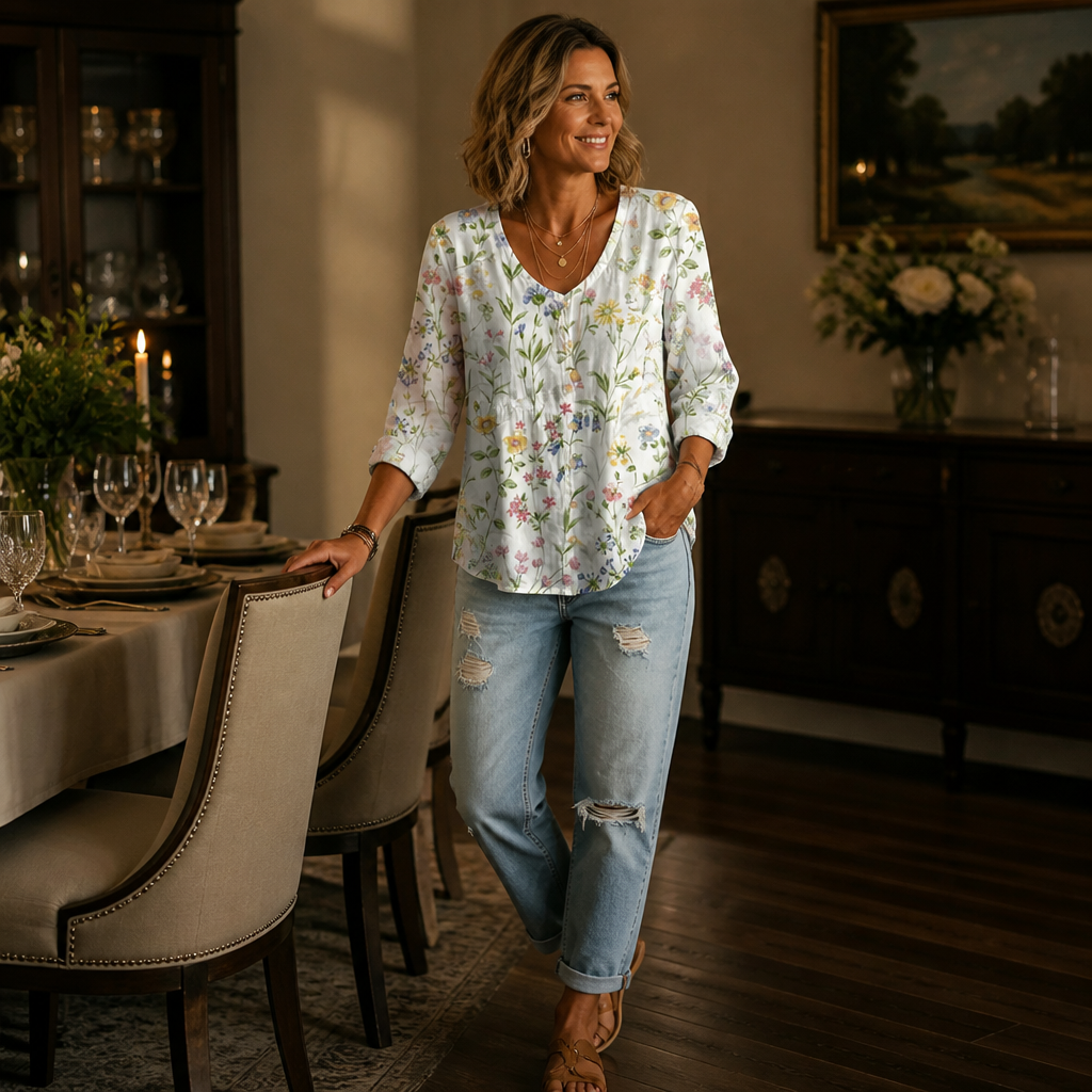 SerenLuxe – Breezy Cotton-Linen Floral Shirt with V-Neck | ribuella