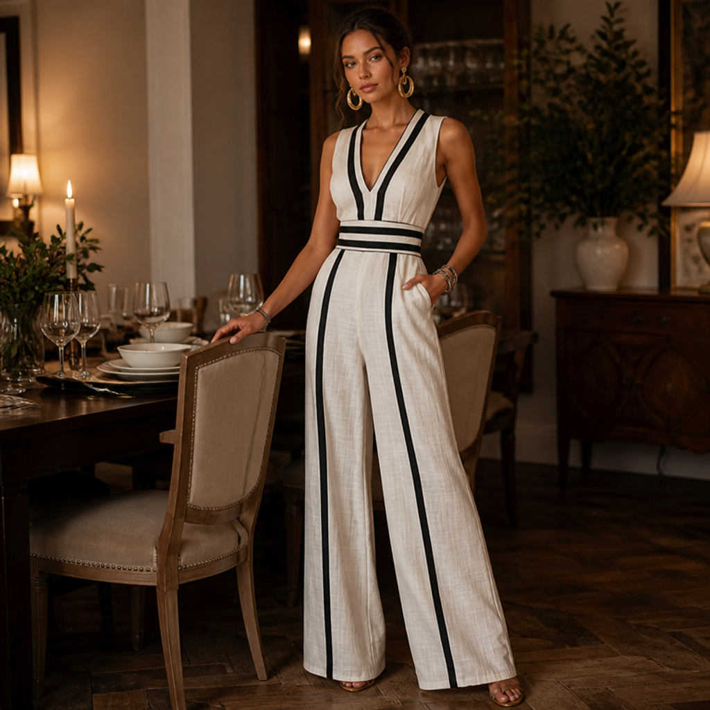SilhouetteLuxe – Mono de lino transpirable con perneras anchas y cinturilla en contraste | ribuella