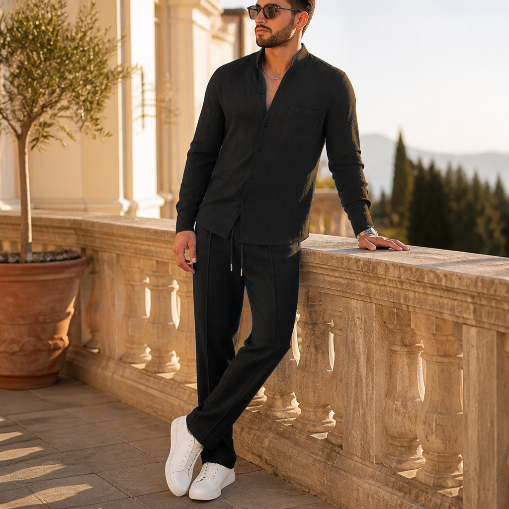Stridonity – Relaxed Waffle-Texture Band-Collar Shirt & Pants Set | ribuella