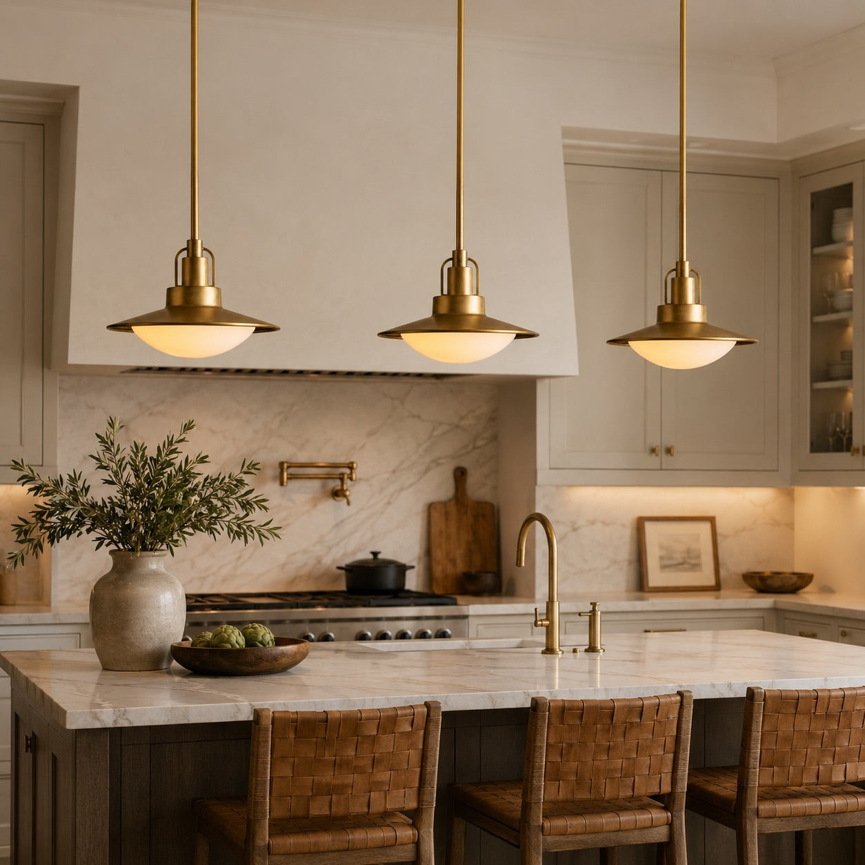 Modern Brass Saucer Pendant Light Hanging Metal Fixture with Frosted Glass Dome Shade for Kitchen Island Dining Room | ribuella