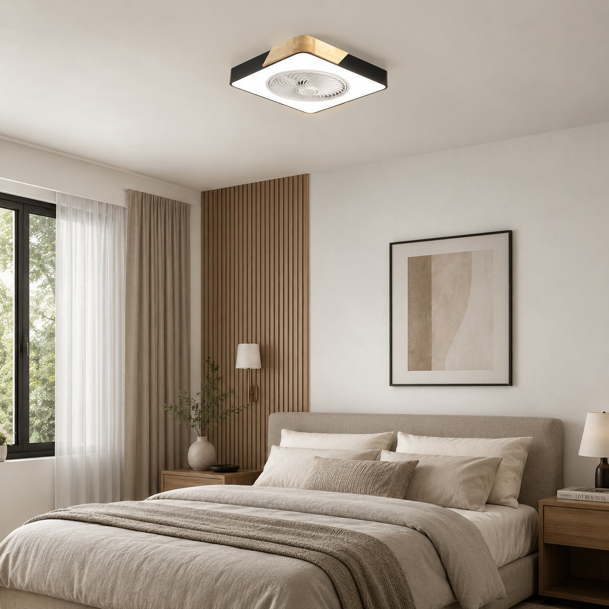 Moderner Deckenventilator ohne Flügel mit Beleuchtung, flache Montage, Eisenrahmen, dimmbare LED mit einstellbarer Farbtemperatur | ribuella