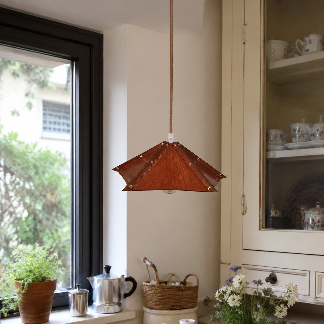 Compact Folded Leather Pendant Lamp, Warm Vintage Glow, Raised Seam Details