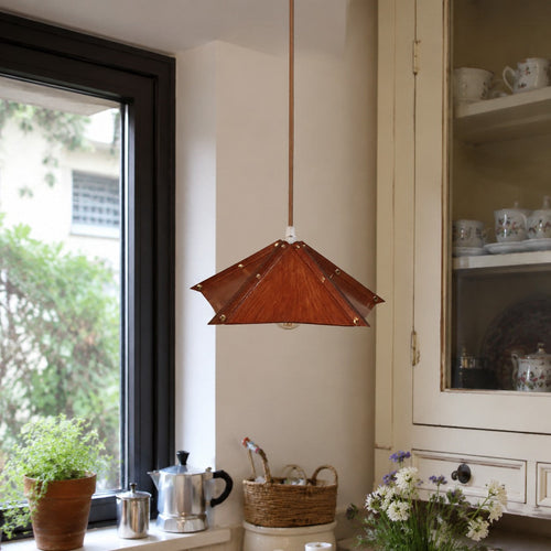 Compact Folded Leather Pendant Lamp, Warm Vintage Glow, Raised Seam Details