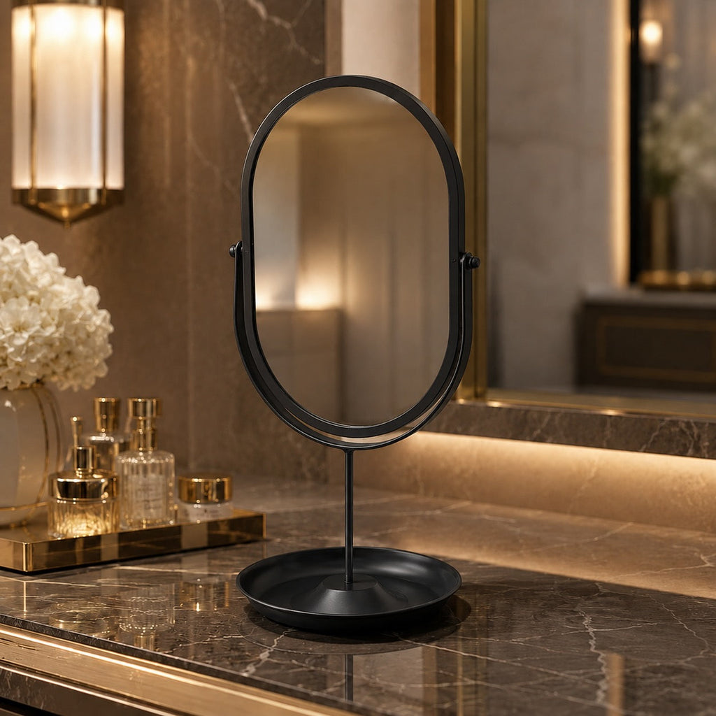 Modern Oval Makeup Mirror 360° Rotating Desktop Stand Wrought Iron Frame with HD Glass | ribuella