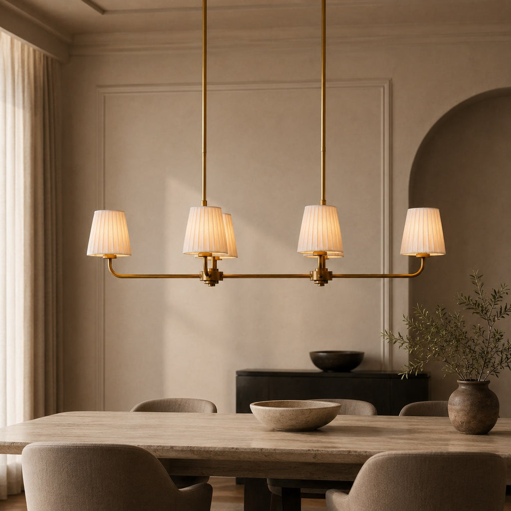 Luxury Brass Linear Chandelier with 6 Pleated Fabric Shades – Modern Adjustable Dining Room & Kitchen Island Pendant Light | ribuella