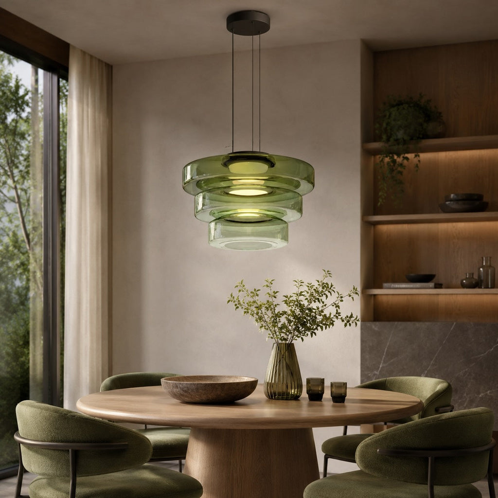 Modern Glass Pendant Light Hanging Fixture with Adjustable Height Dimmable LED and Iron Finish | ribuella