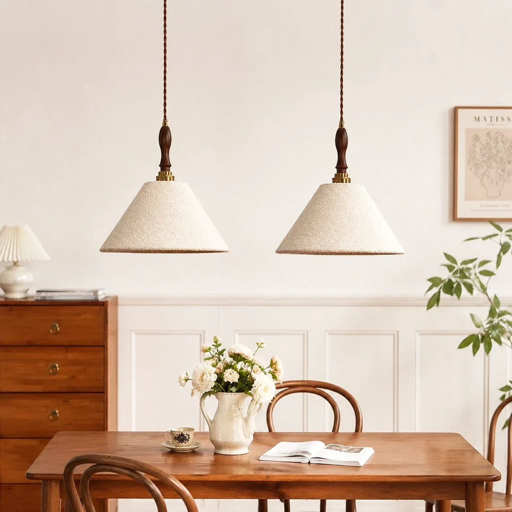 French Vintage Cream Fabric Pendant Light - Woven Texture Ceiling Shade