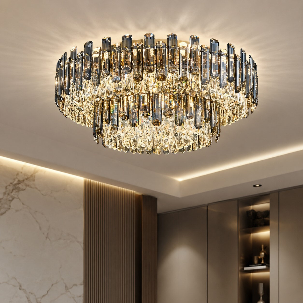 Modern Round Ceiling Light Chandelier with Crystal Accents Stainless Steel LED Adjustable Color Temperature | ribuella