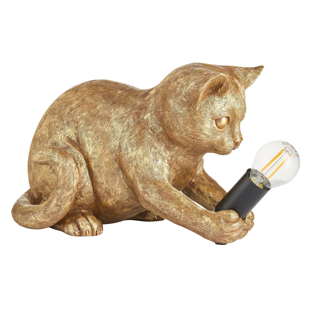 Lámpara de mesa WhiskerGlow con forma de gato, de resina, en dorado antiguo y negro mate