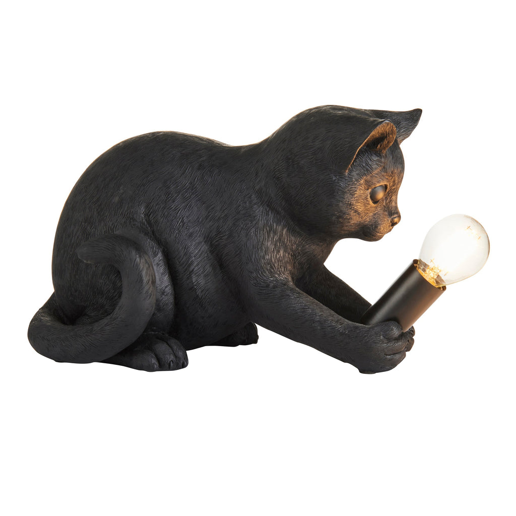 Lámpara de mesa WhiskerGlow con forma de gato, de resina, en dorado antiguo y negro mate