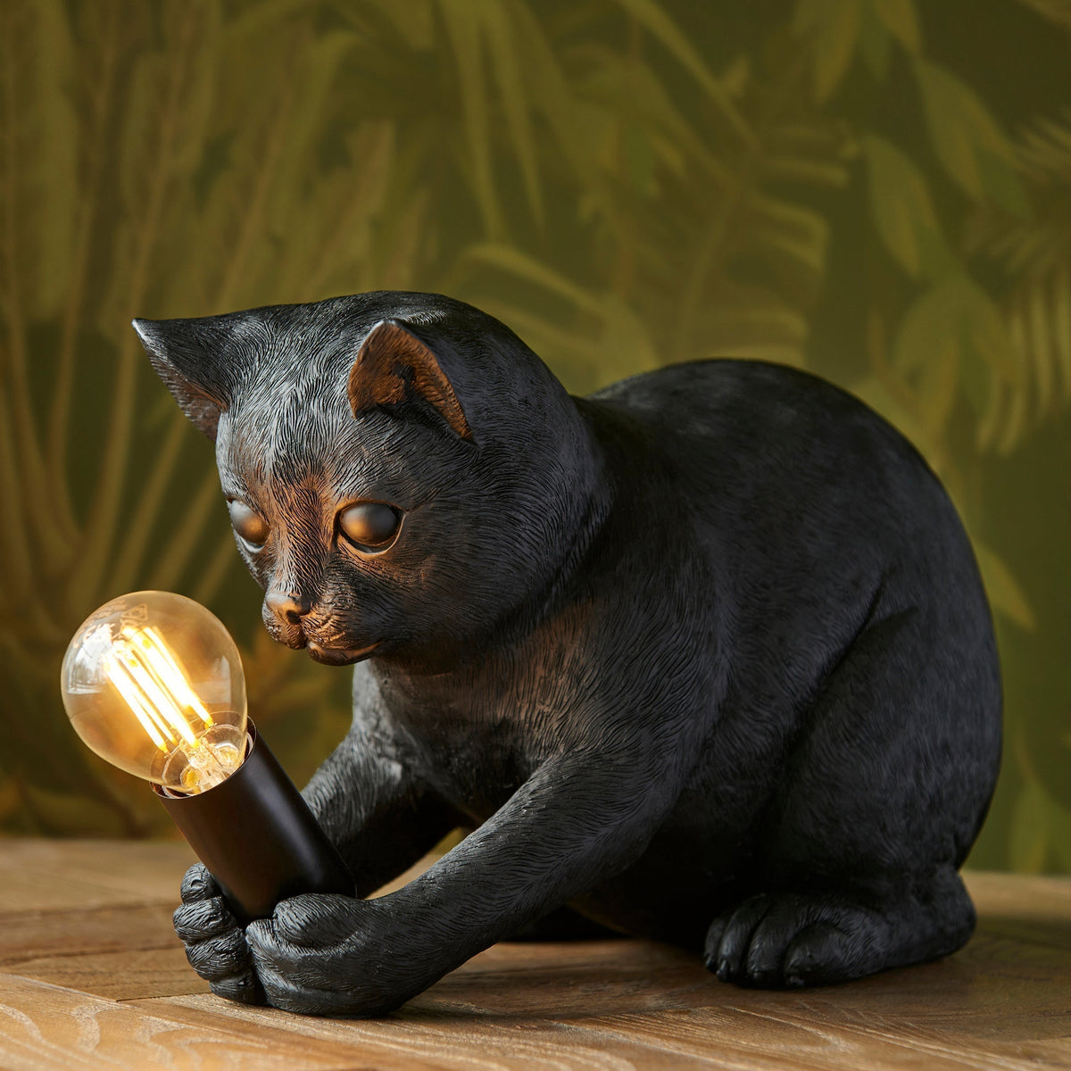 WhiskerGlow Cat Table Lamp In Resin, Antique Gold And Matte Black