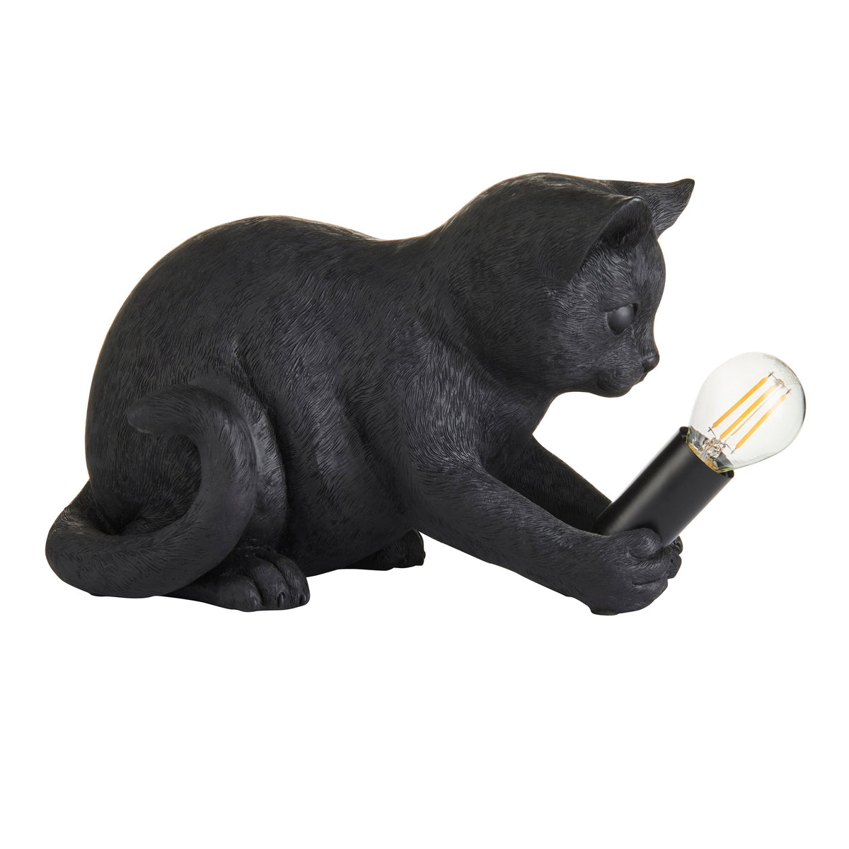 Lámpara de mesa WhiskerGlow con forma de gato, de resina, en dorado antiguo y negro mate
