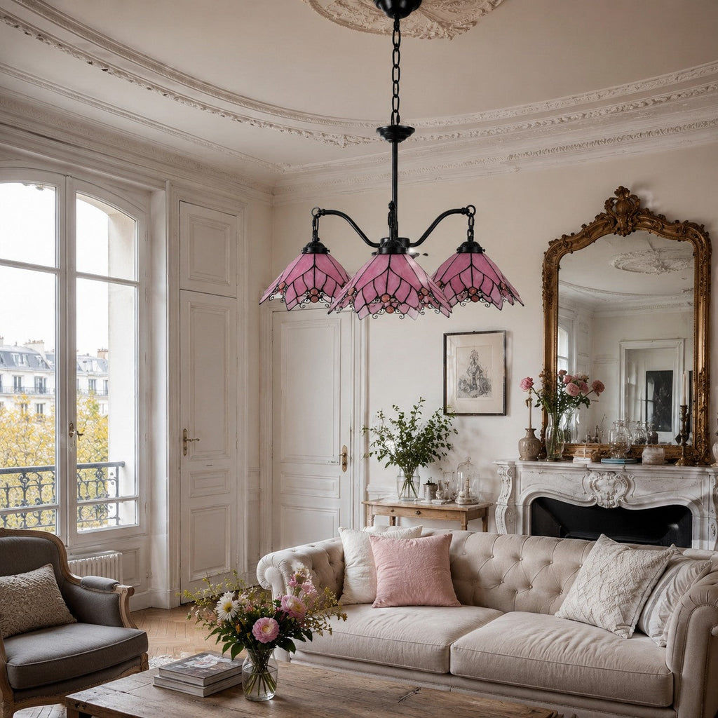 Four-Light Stained Glass Chandelier — Hand-Cut Glass Shades