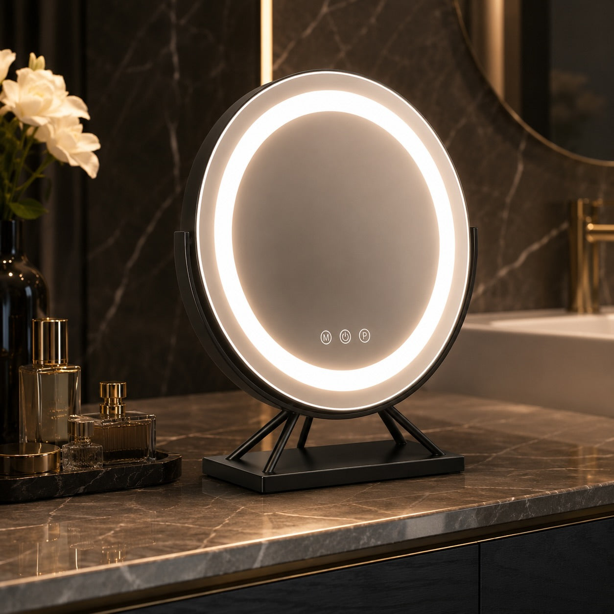Dimmable Round Makeup Mirror with 15x Magnification and LED Lights for Vanity Desktop Use | ribuella