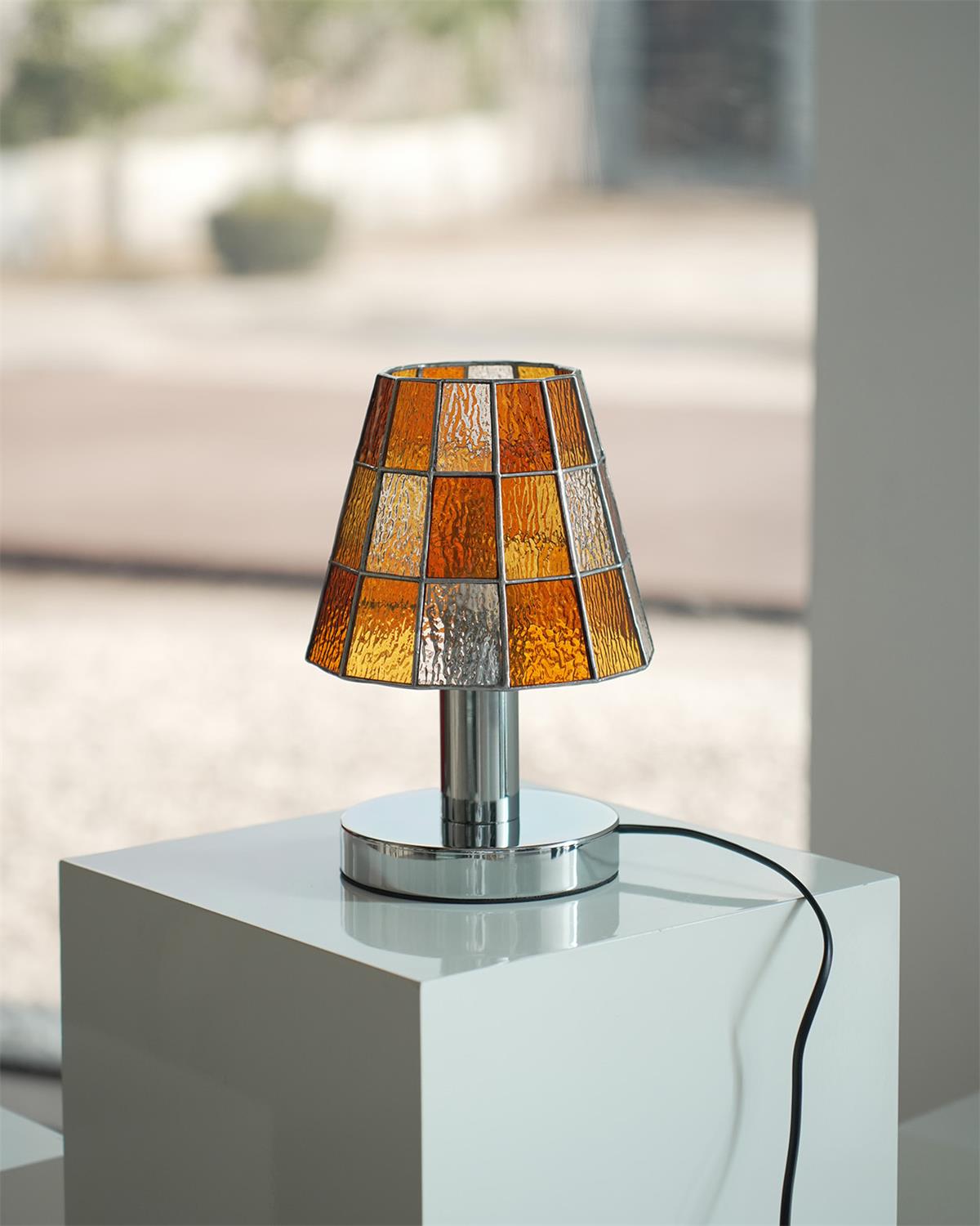 Fun Guy Table Lamp Contemporary Geometric Silhouette In Amber Blue And Clear Colors