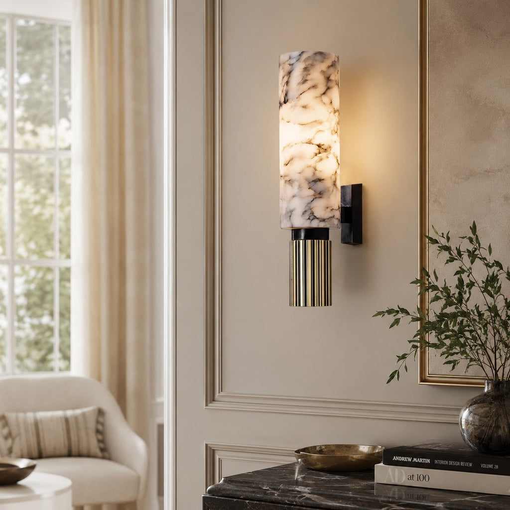 Contemporary Wall Light Wall Mounted Alabaster Cylinder Fluted Copper Base LED Sconce 38cm | ribuella
