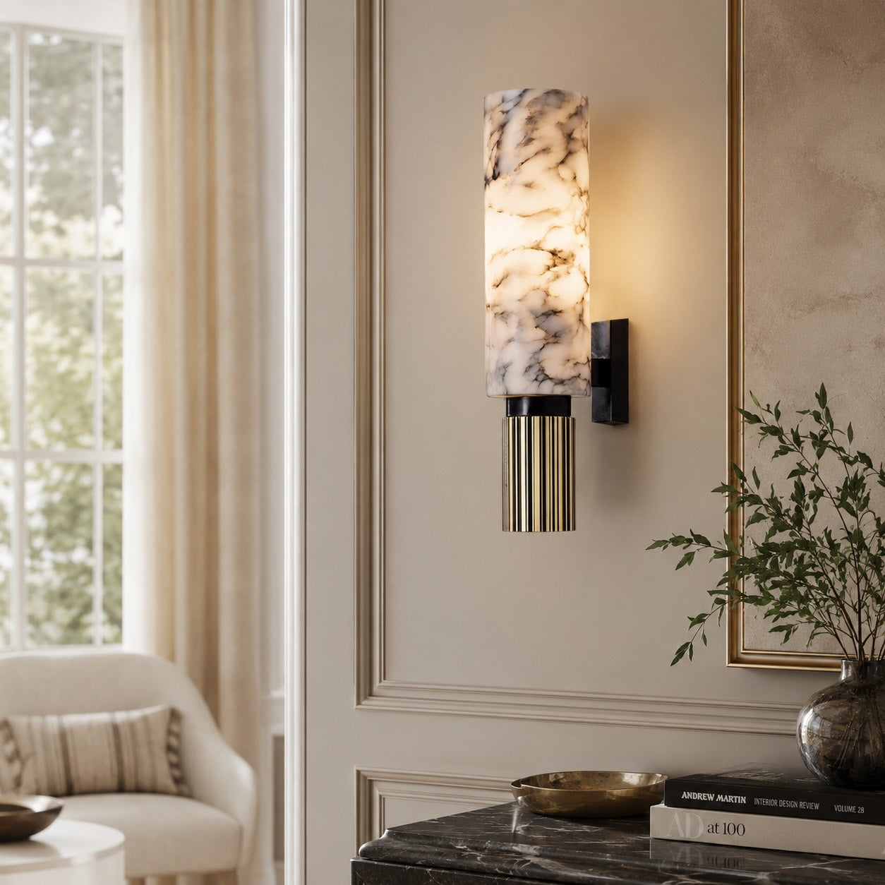 Contemporary Wall Light Wall Mounted Alabaster Cylinder Fluted Copper Base LED Sconce 38cm | ribuella