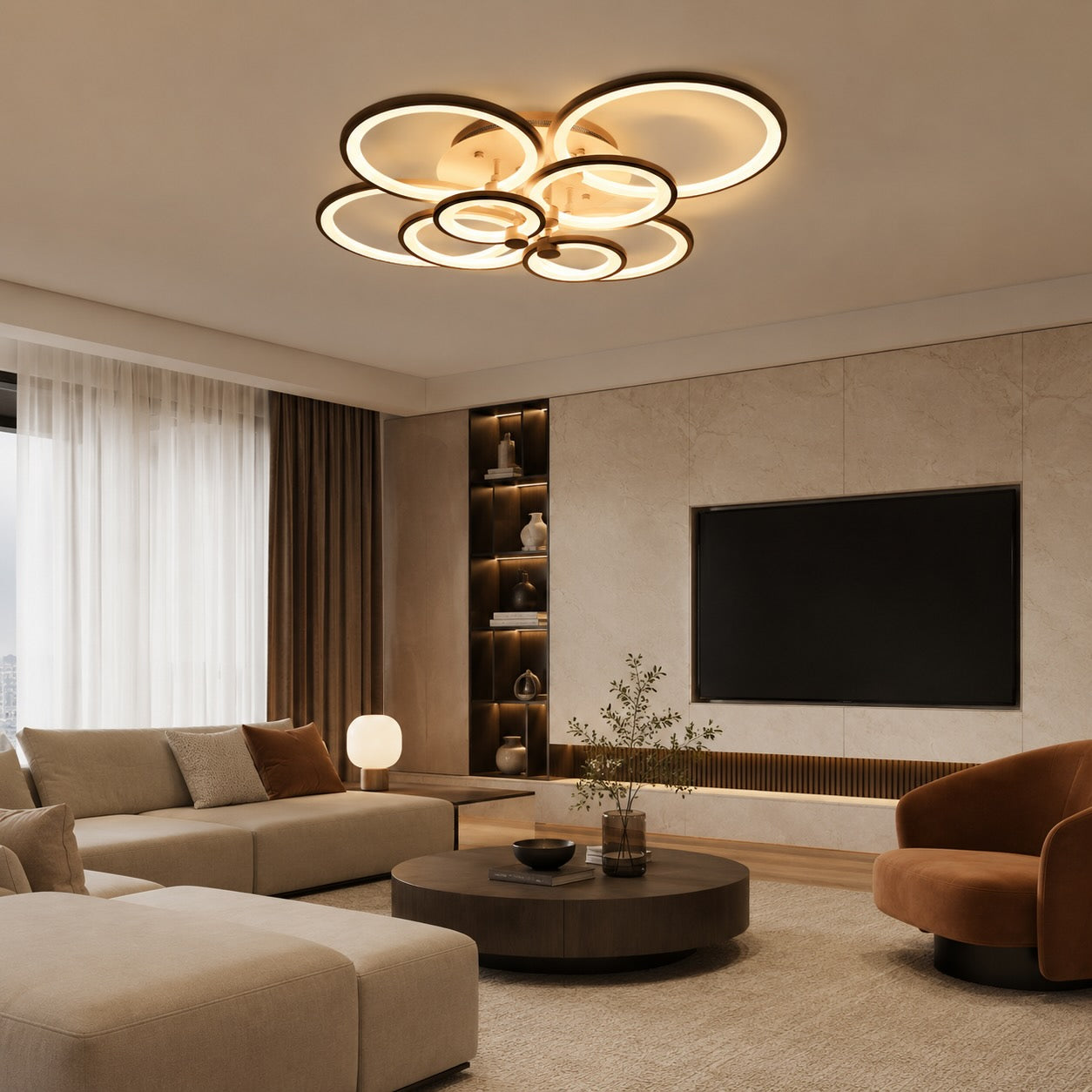 Modern Multi Ring Flush Mount Ceiling Light Metal Acrylic LED Dimmable Adjustable | ribuella