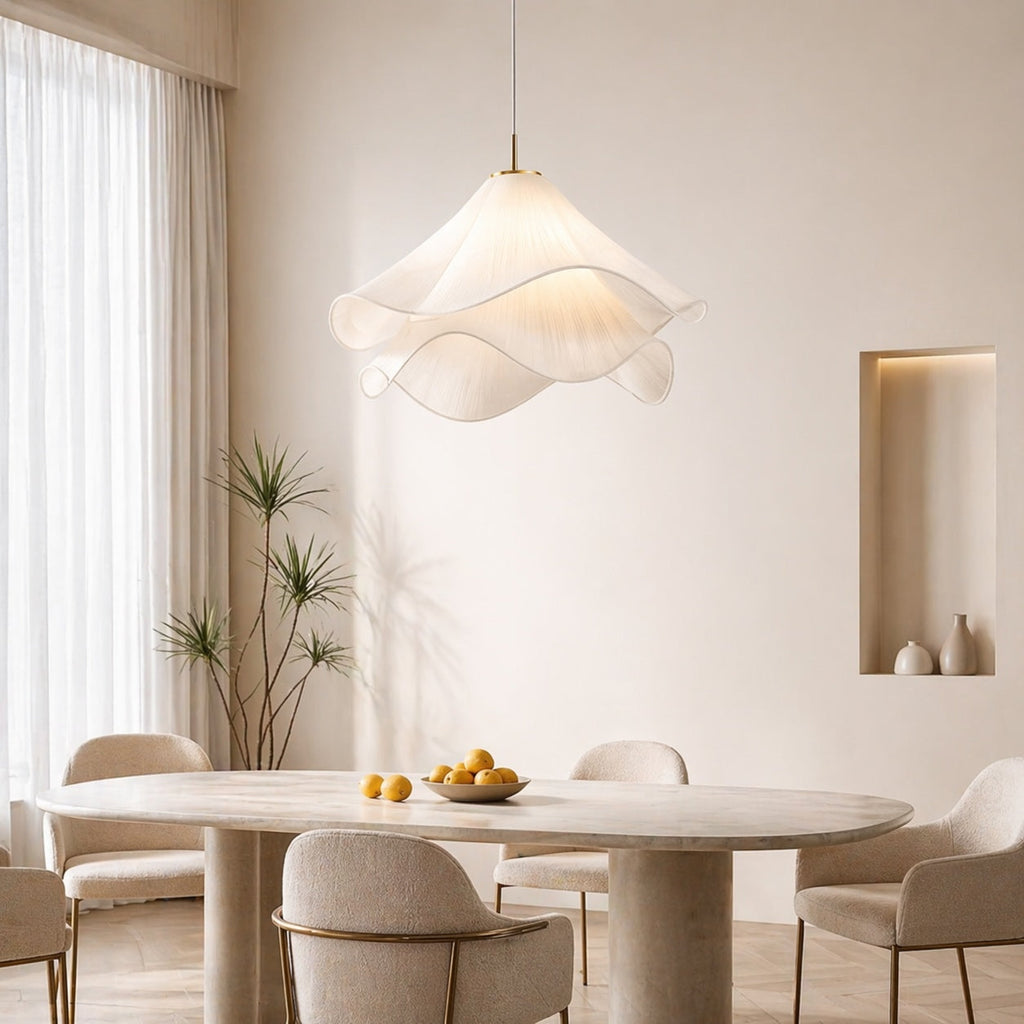 Moderne Pendelleuchte im Japandi-Stil mit Stoffschirm | ribuella