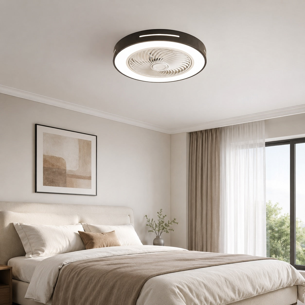 Moderner Deckenventilator ohne Flügel mit Beleuchtung, flache Montage, Eisen, einstellbare LED, 72 W, für den Wohnbereich | ribuella