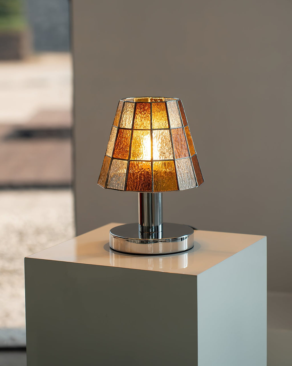 Fun Guy Table Lamp Contemporary Geometric Silhouette In Amber Blue And Clear Colors