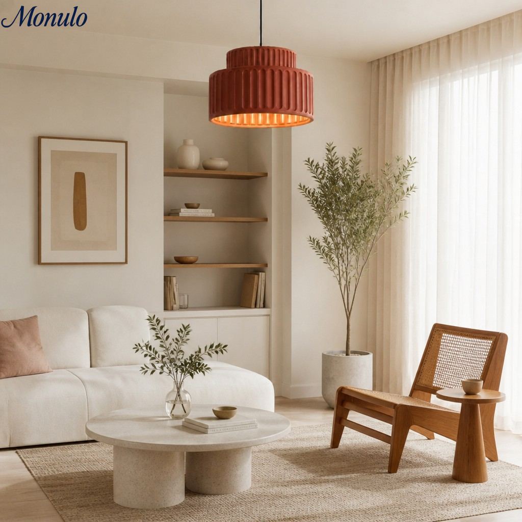 Fluted Resin Drum Pendant Light, Nordic Minimalist Textured Shade