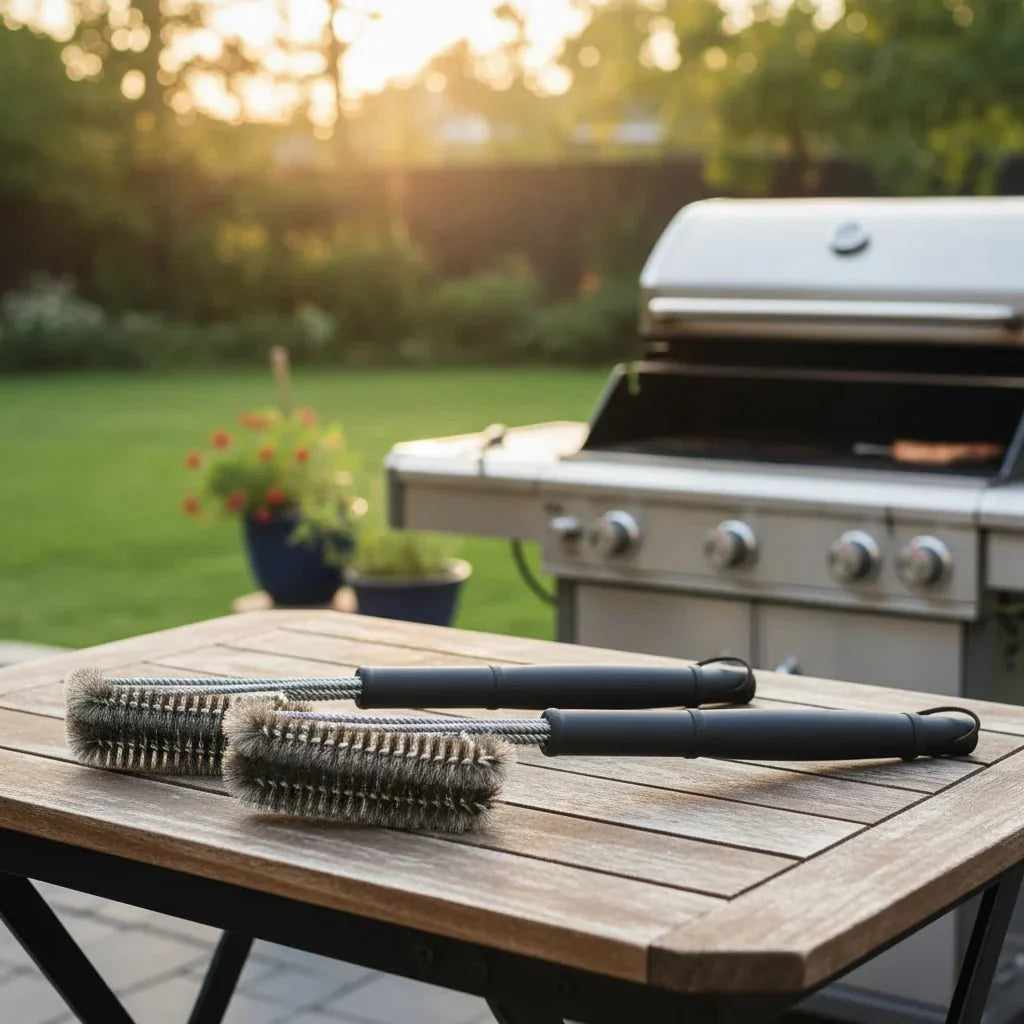 Brosse de nettoyage pour grille de barbecue en acier inoxydable - Élimine les résidus brûlés - Prise en main sûre - FireScrub | ribuella