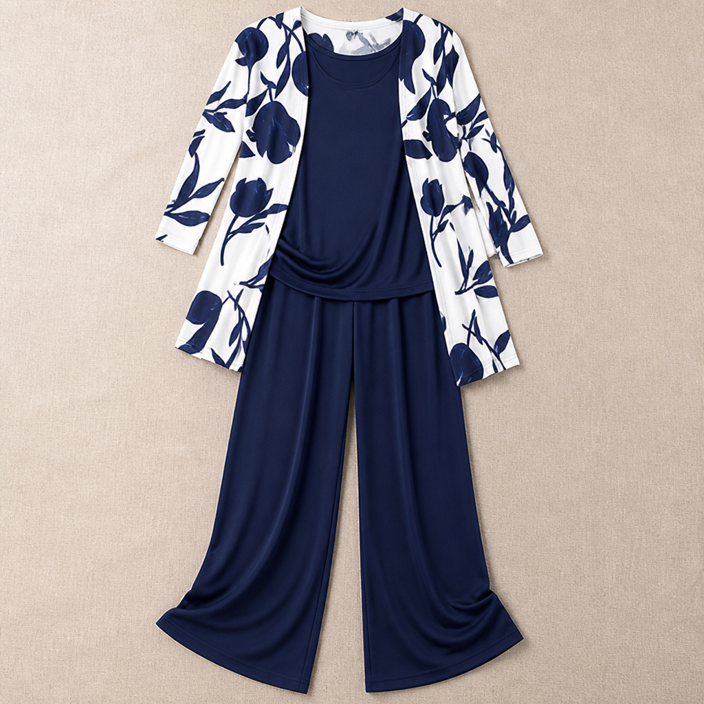 VelaLuxe – Elegant 3-Piece Set with Floral Cardigan & Wide-Leg Pants | ribuella