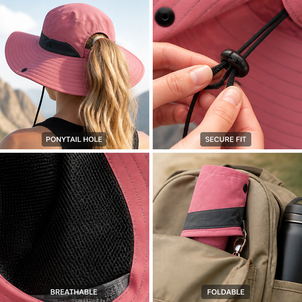 UPF 50 Breathable Foldable Sun Hat (Ponytail Hole & Chin Strap) | ribuella