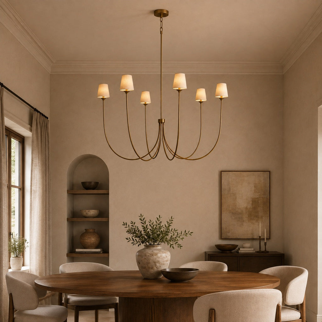Large Round Chandelier with Off-White Shades – Brass or Bronze | ribuella