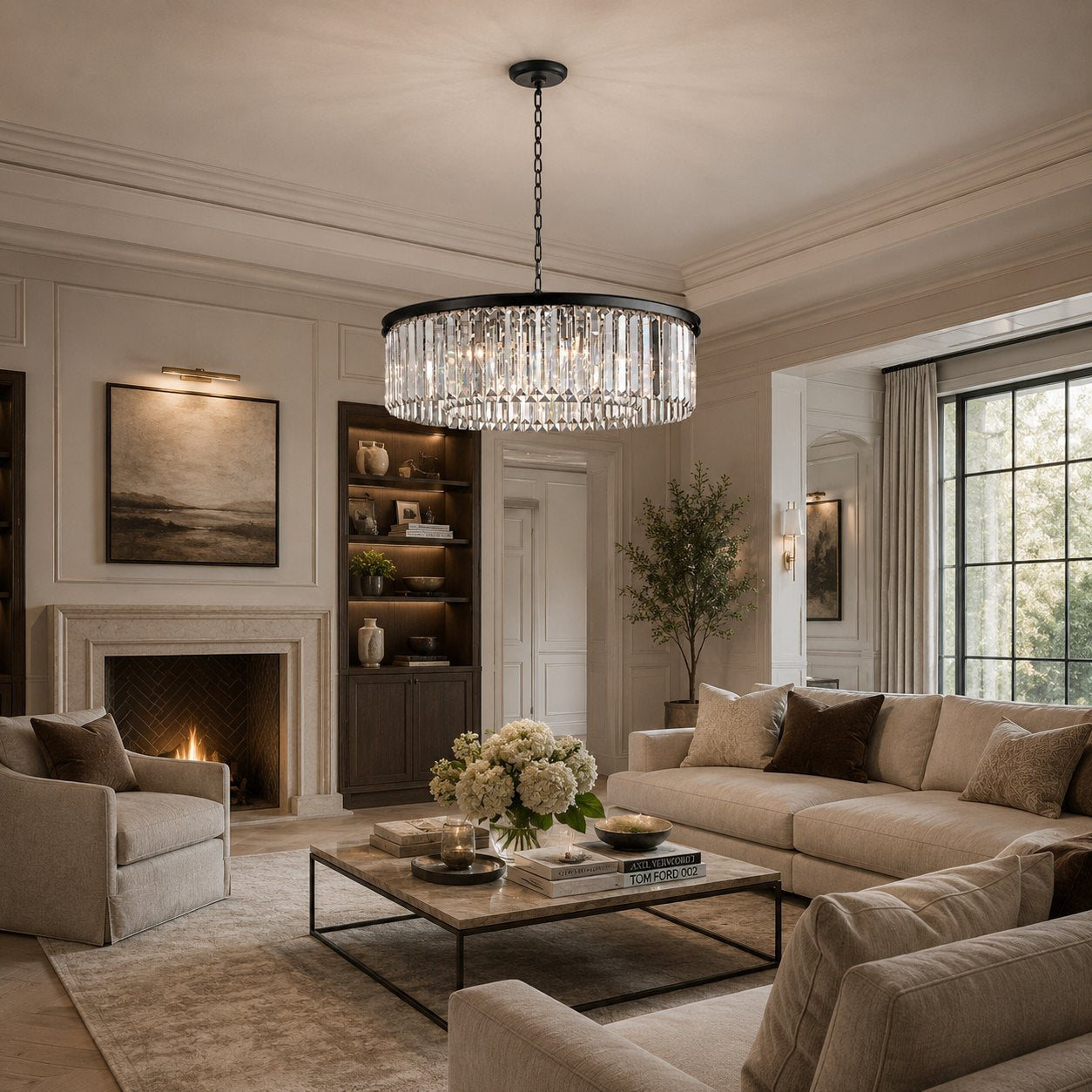 Large 84cm Round K9 Crystal Chandelier – Brass or Bronze 8-Light Art Deco Ceiling Pendant | ribuella
