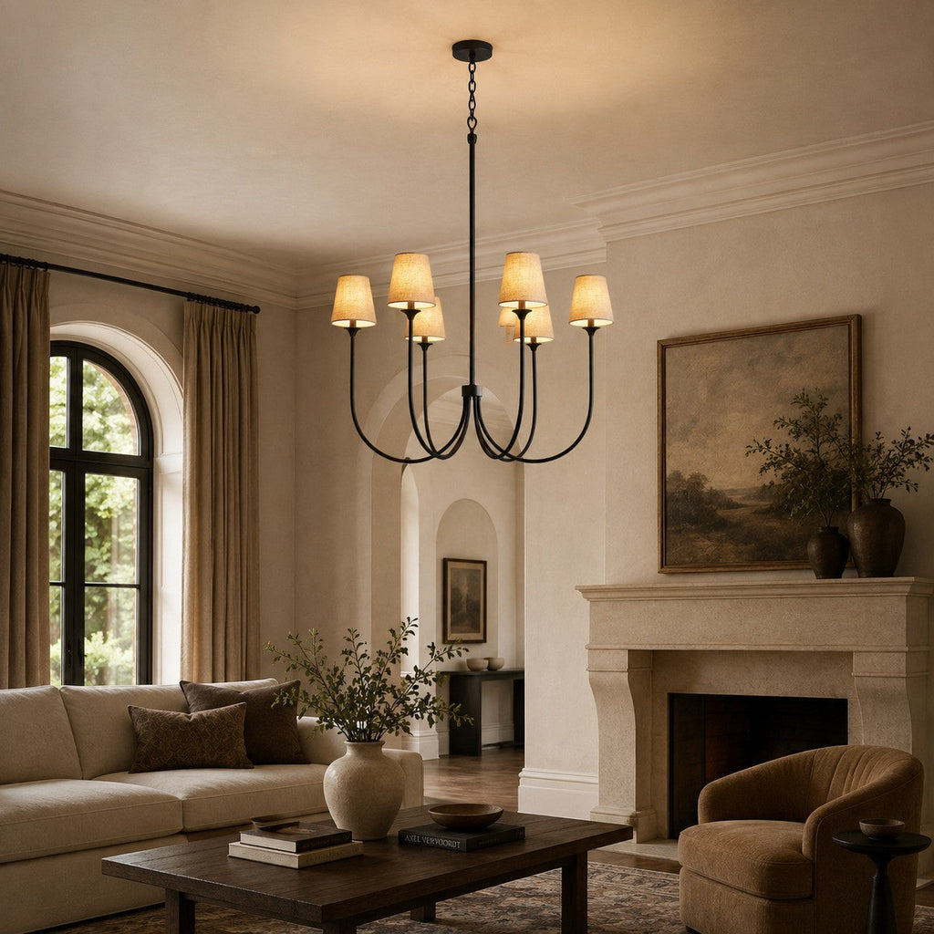 Large Round Chandelier with Off-White Shades – Brass or Bronze | ribuella